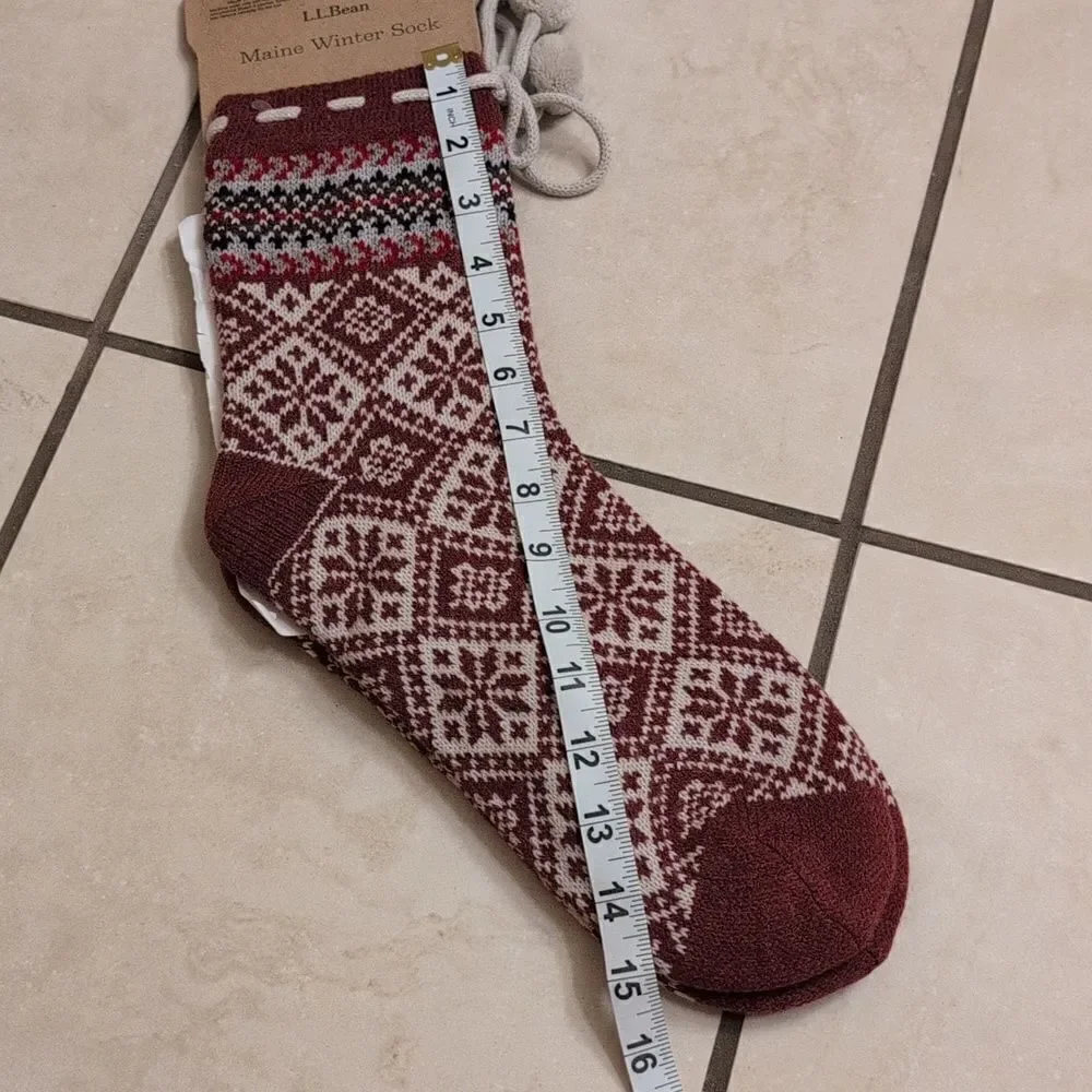 NWT LL Bean Maine Winter Sock Maroon and White Knit with pom poms size L-XL
